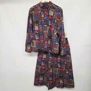 England Vivella Vintage Abstract Geometric Print Button Up Shirt & Skirt Set 14